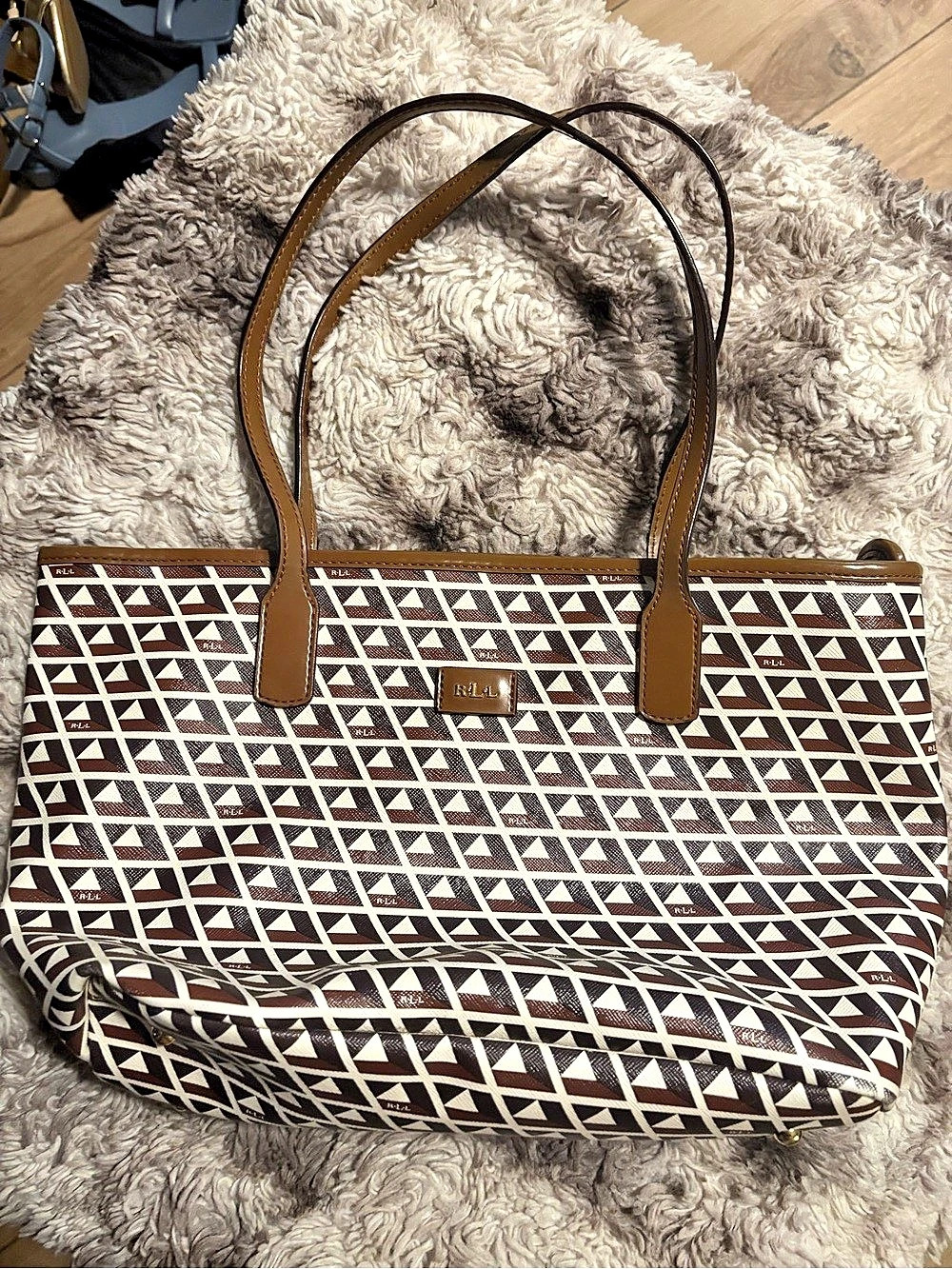 Lauren Ralph Lauren Geometric Tote in Brown & White Like New